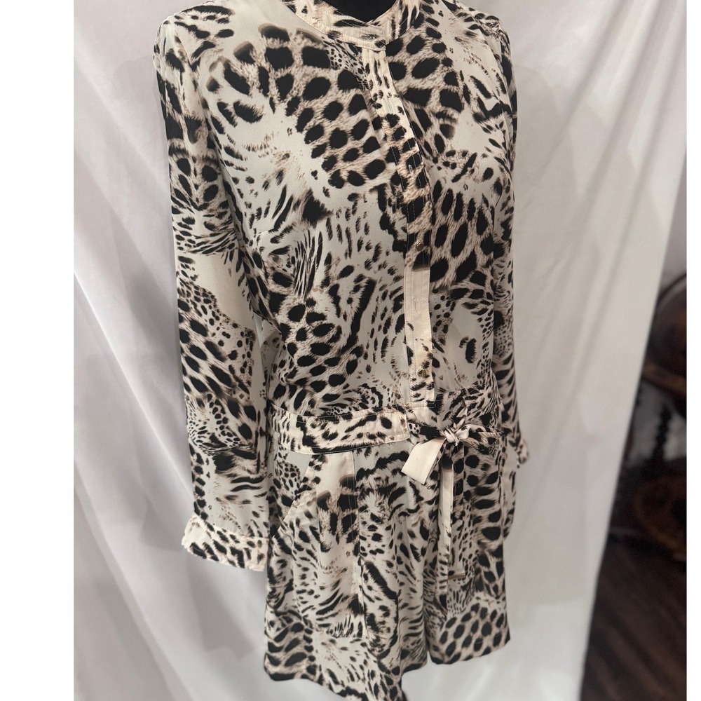Jennifer Lopez Leopard Print Romper Womens 10 Black Cream Long Sleeve Tie Waist